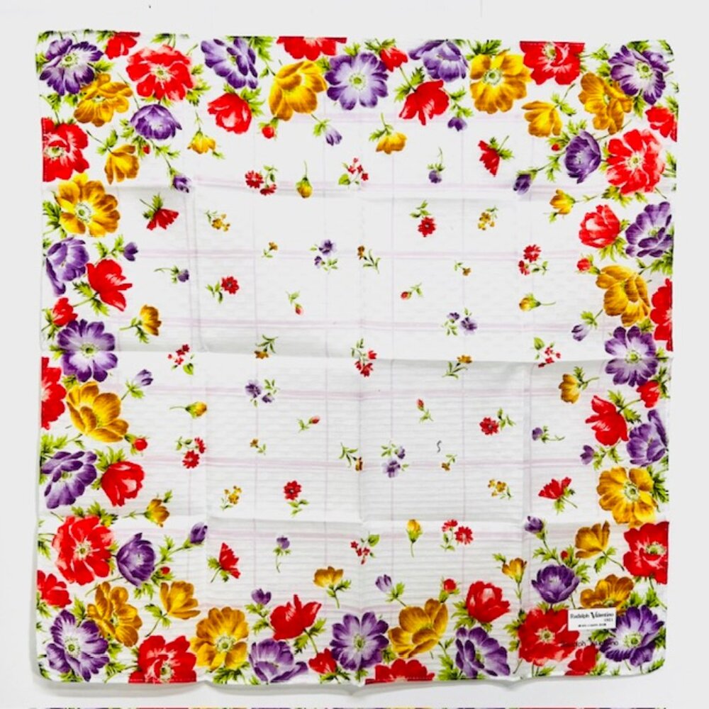 New-Valentino R. Mini Scarf/Handkerchief cotton 18". red purple gold floral (75 - Picture 4 of 6